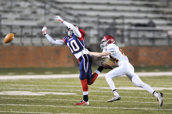 Bessemer Academy's Parker Bearden (10) watches a pass sail just out of reach during the AISA Class AAA State Championship Game help Friday, November 21, 2014 at Troy University's Veterans Memorial Stadium. Bessemer leads Escambia at the half, 14-7. (Photo/Joey Meredith)