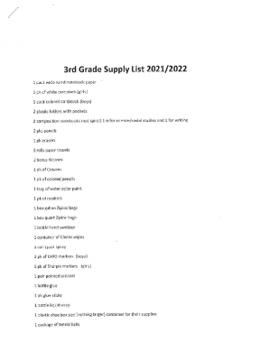 3rd Grade Supply List 2021 – 2022